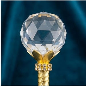 白いガラスのクリスタルボールが付いた妖精の杖、長さ91cm、金合金の持ち手、プリンセスコスプレ