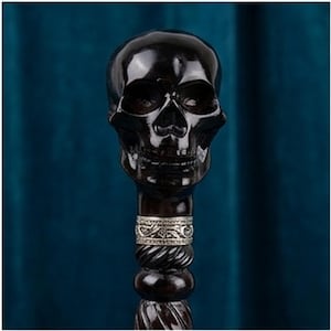 May include: A walking stick featuring a polished black skull handle. Below the skull is a decorative silver-toned metal collar with an intricate embossed pattern, followed by a dark, spiraled wooden shaft that continues downward.
