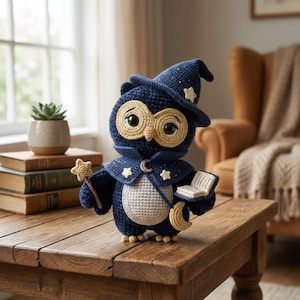 May include: A handcrafted, crochet owl figurine dressed as a wizard. The owl wears a navy blue hat and cape adorned with white stars. It holds a wand and a book, with a crescent moon charm. The owl is on a wooden table.