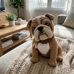 Könnte beinhalten: Gehäkelte Bulldoggen-Hundefigur in Braun-, Beige- und Weißtönen, mit braunem Halsband und weißem Brustfleck. Der handgefertigte Hund sitzt auf einer beigefarbenen Strickdecke und zeigt seine detaillierte Handwerkskunst und weiche Textur.