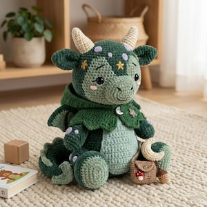 Crochet Dragon Pattern, Moonlit Moss Dragon Amigurumi PDF, Plush Woodland Dragon with Hooded Leaf Cape & Satchel