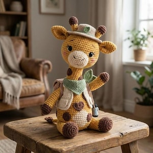 Może przedstawiać: Ręcznie robiona szydełkowa zabawka żyrafa, w stroju o tematyce safari. Żyrafa jest głównie żółta z brązowymi plamami, w kapeluszu, kamizelce i zielonym szaliku. Siedzi na drewnianym stołku, z plecakiem i małą butelką wody.