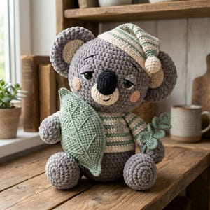 Puede incluir: Una muñeca de koala hecha a mano en ganchillo en gris, crema y verde. El koala lleva un gorro de dormir y un suéter a rayas, sosteniendo una hoja verde y una ramita de hojas. La muñeca está sentada sobre una superficie de madera.