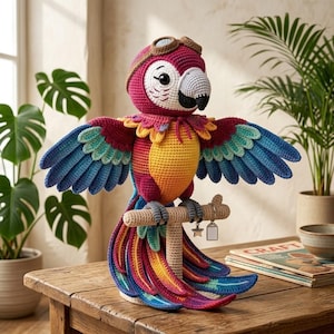 May include: A colorful, handmade crochet parrot with outstretched wings. The parrot features a red head with aviator goggles, a yellow chest, and vibrant blue, green, and red wings and tail feathers. It is perched on a wooden stand, showcasing a whimsical, decorative design.