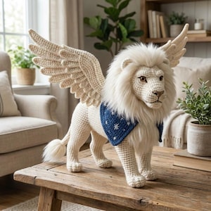 May include: A crocheted lion with cream-colored yarn, featuring large wings and a blue scarf with white star accents. The lion has a fluffy mane and tail, standing on a wooden table. A decorative item.