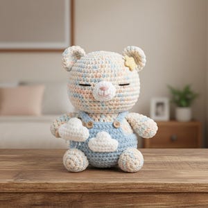 Cuddle Cloud Bear Crochet Pattern PDF, Sleepy Bear Amigurumi, Cloud Overalls Plush Tutorial, Intermediate Toy Pattern