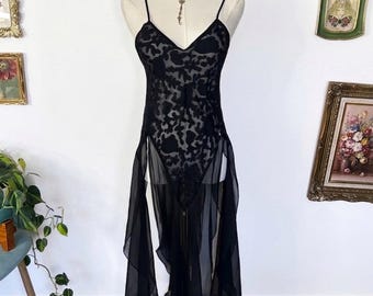 Vintage Ethereal Fairy Schwarz Blumenspitze Sheer Slip Dress High-Slit Romantische Rüschen Dessous