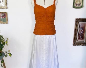 Vintage W.D.N.Y. Burnt Orange Ruched Silk Cami Top Ruffle Strap Blouse