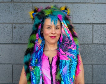 Rainbow Fur Kitty Scoodie with Ears & Stash Pocket featuring Rainbow Faux Fur and Neon Rainbow drippy paint lining *Customizable lining