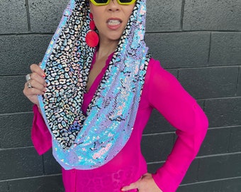 Unicorn Dreams Reversible GLAM Infinity Scarf (iridescent pink to blue Sequins) & Holographic Leopard lining