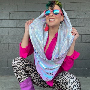 Unicorn Dreams REVERSIBLE GLAM Infinity Scarf hood Holographic Iridescent Blue Pink Reversible Sequins & Holographic Iridescent lining image 3