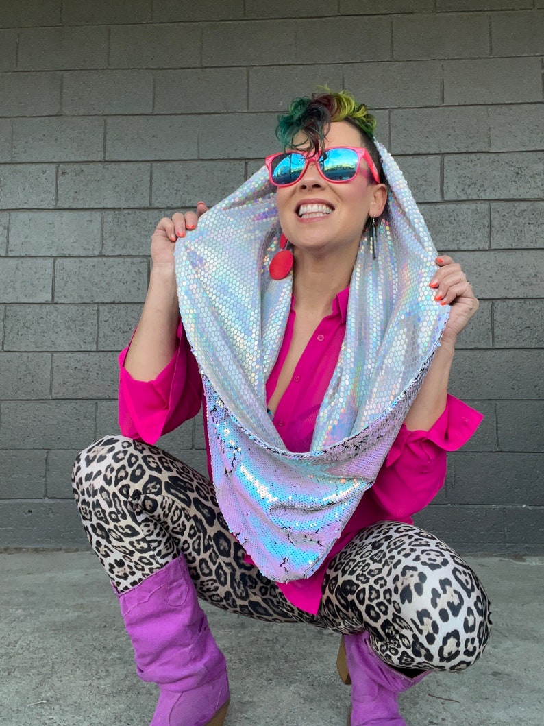 Unicorn Dreams REVERSIBLE GLAM Infinity Scarf hood Holographic Iridescent Blue Pink Reversible Sequins & Holographic Iridescent lining image 3