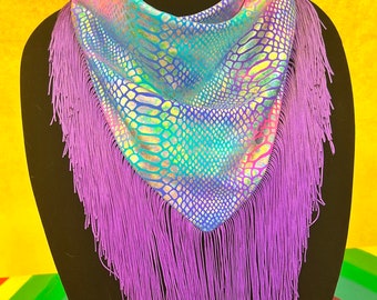 Reversible Electric Purple Disco and Iridescent, Pink, Blue, Purple Snake print GLAMdana with Purple Fringe