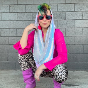 Unicorn Dreams REVERSIBLE GLAM Infinity Scarf hood Holographic Iridescent Blue Pink Reversible Sequins & Holographic Iridescent lining image 1