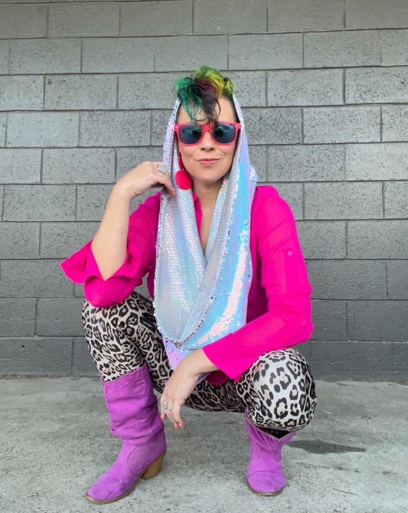 Unicorn Dreams REVERSIBLE GLAM Infinity Scarf hood Holographic Iridescent Blue Pink Reversible Sequins & Holographic Iridescent lining image 1