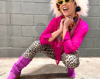 Lisa Frank FURRY BUCKET HAT White Mongolian Faux fur & Rainbow Gold Leopard Cheetah Lining with Stash Pocket