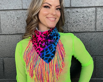 Reversible Rainbow leopard / Holographic Zebra GLAMdana with Neon Rainbow Fringe