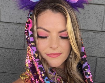 Pink and Purple stripe Cheshire Cat Clip On Ears/ Animal Ears/ Faux Fur Critter Clip on Ears/ Furry Clip on Cat, Wolf, Fox Ears
