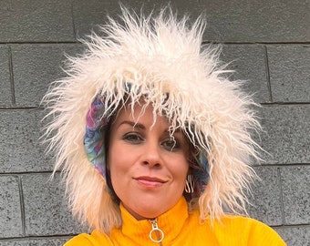 Mushroom Blue Dream White Mongolian   Shag faux fur Bucket Hat with Stash pocket *Customizable Lining options available