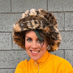 Disco Kitty REVERSIBLE Bucket HAT Leopard faux fur & Holographic Leopard lining with STASH Pocket *Customizable Lining options availab