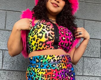 Lisa Frank Rainbow Gold Leopard Racerback Zipper Crop Tank Top | Festival Rave Top