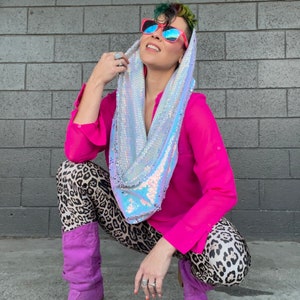 Unicorn Dreams REVERSIBLE GLAM Infinity Scarf hood Holographic Iridescent Blue Pink Reversible Sequins & Holographic Iridescent lining image 2