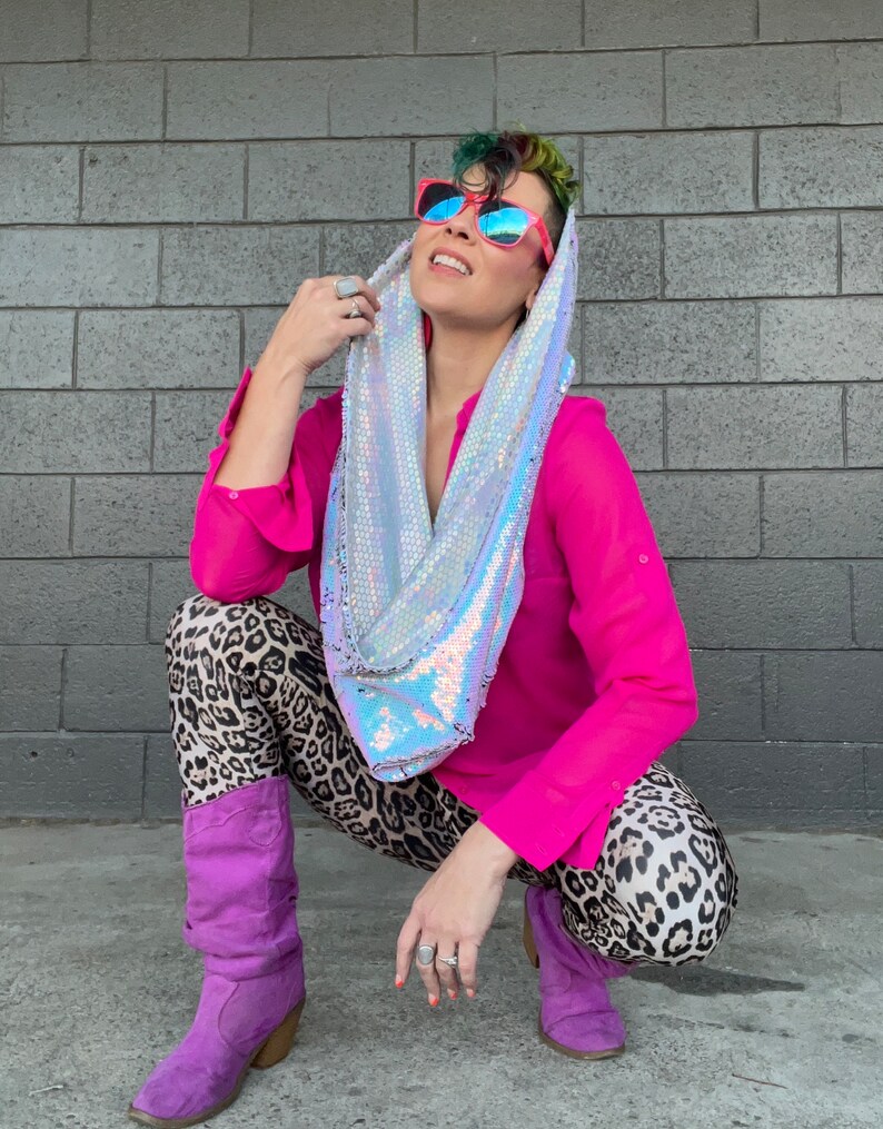 Unicorn Dreams REVERSIBLE GLAM Infinity Scarf hood Holographic Iridescent Blue Pink Reversible Sequins & Holographic Iridescent lining image 2