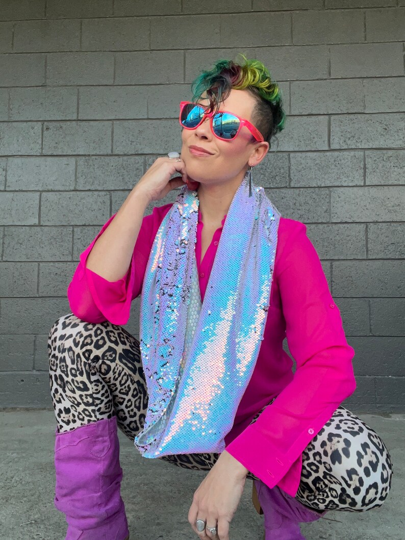 Unicorn Dreams REVERSIBLE GLAM Infinity Scarf hood Holographic Iridescent Blue Pink Reversible Sequins & Holographic Iridescent lining image 4