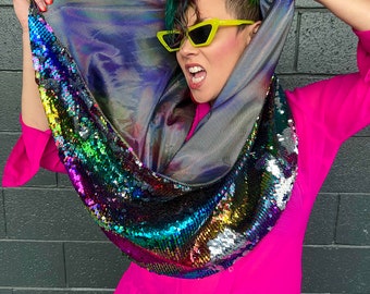 Fully Reversible GLAM Infinity Scarf in Rainbow to Holographic Silver Sparkle Reversible Sequin & Holographic Oil Slick Disco Lining