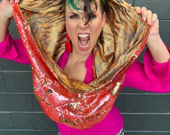 REVERSABLE GLAM Infinity Scarf hood Peach Gold Reversible Sequins & Holographic Gold Tiger lining