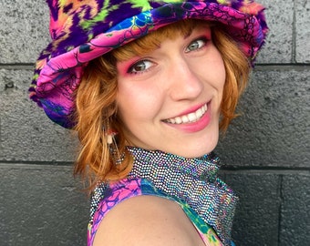 REVERSIBLE Neon Rainbow Leopard Furty BUCKET HAT with Stash Pocket & Blue, Pink, neon Yellow Drippy Paint Lining, Festival Hat