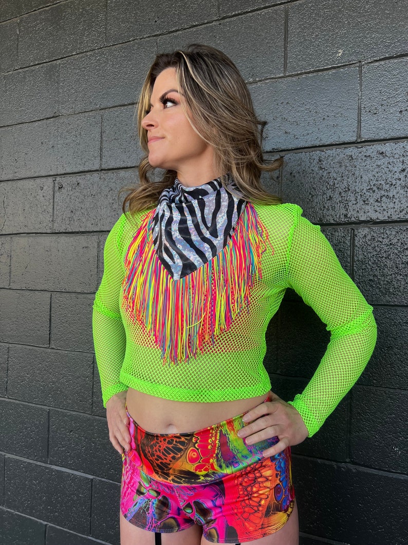 Reversible Rainbow leopard / Holographic Zebra GLAMdana with Neon Rainbow Fringe image 10