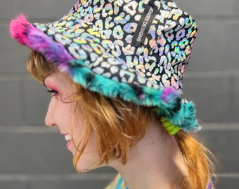 REVERSIBLE Lisa Frank Rainbow Leopard Furty BUCKET HAT with Stash Pocket & Holographic Leopard Lining, Festival Hat