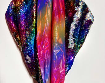 GLAM Infinity Hood Scarf Top Reversible Rainbow Sequins & Holographic rainbow lining with hidden stash pocket