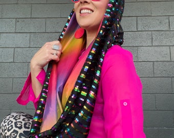 GLAM Infinity Hood Scarf Top Reversible Rainbow Sequins  display picture 1