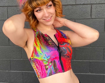 Rainbow Drippy Paint Racerback Zipper Crop Tank Top | Festival Rave Top