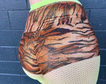 BOOTY SHORTS Holographic Tiger Wide Waistband Festival Rave Shorts