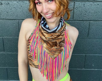 Reversible Holographic Tiger / Zebra GLAMdana with Neon Rainbow Fringe