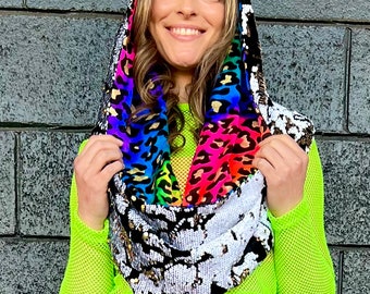 Black Velvet White to Gold Reversible Sequins & Lisa Frank Rainbow Gold Leopard GLAM Infinity Scarf with Hidden Stash Pocket