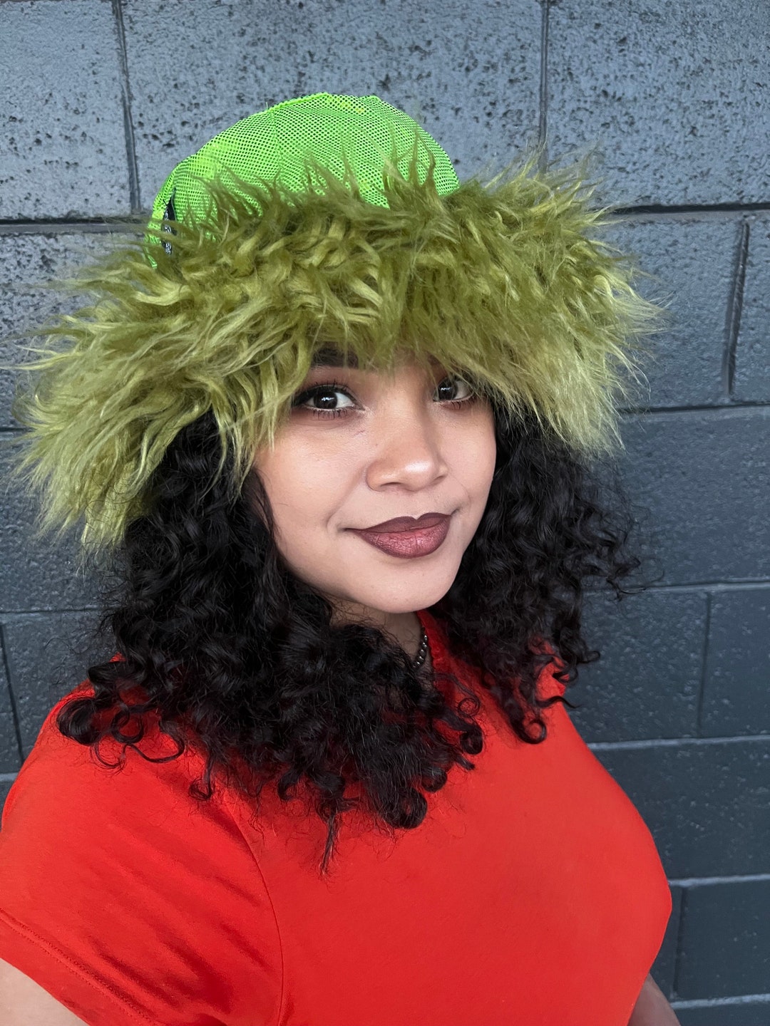 REVERSIBLE Oscar the Grouch/grinch Green Shaggy Faux Fur BUCKET HAT