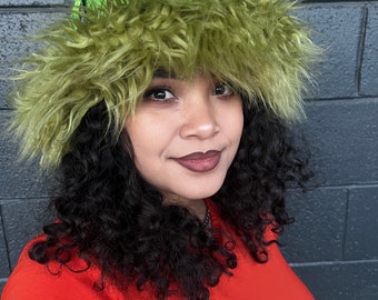 REVERSIBLE Oscar the Grouch/Grinch Green Shaggy Faux Fur BUCKET HAT with Stash Pocket &  Holo Neon Green Spandex Lining, Festival Hat