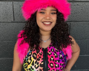 REVERSIBLE Neon Pink Shaggy Faux Fur BUCKET HAT with Stash Pocket &  Rainbow Leopard Lining, Festival Hat