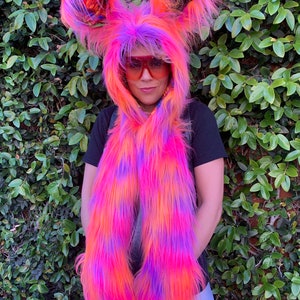 Rainbow Sherbet Bunny Scoodie hood, scarf with mittens with Wired Ears Orange Pink Purple Shag Faux Fur with Rainbow Drippy Paint Lining image 3