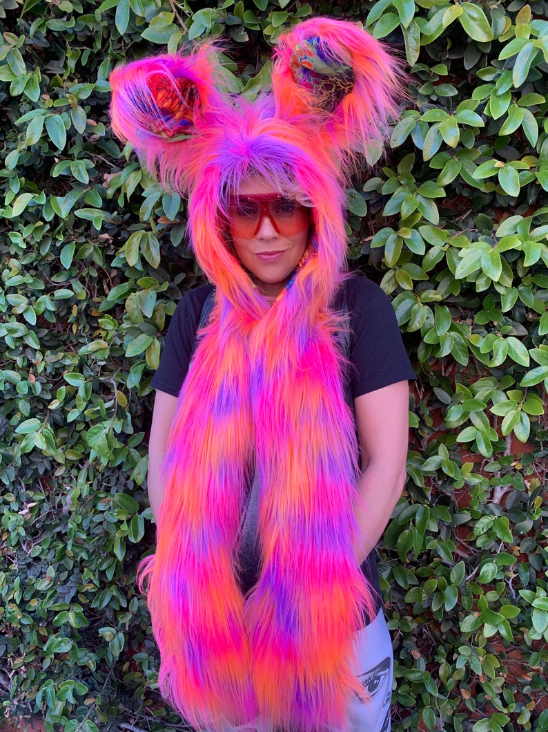 Rainbow Sherbet Bunny Scoodie hood, scarf with mittens with Wired Ears Orange Pink Purple Shag Faux Fur with Rainbow Drippy Paint Lining image 3