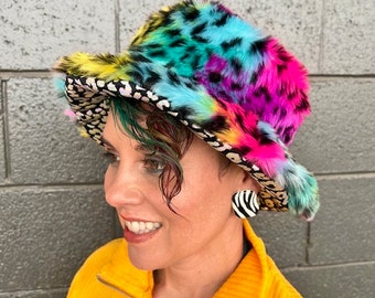 Reversible Rainbow Leopard and Holographic Leopard Furry Bucket Hat
