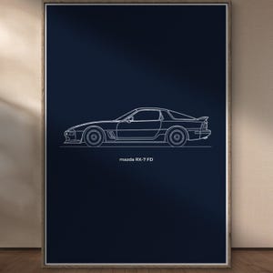 Póster con el plano del Mazda RX-7 FD / Arte mural de leyenda JDM / Lámina de coche Rotary