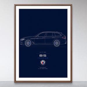 Puede incluir: Impresión enmarcada que muestra un dibujo lineal blanco de un Alpina B5 Touring sobre un fondo azul oscuro. El texto "ALPINA B5 TOURING" está debajo, con el logotipo de Alpina y el lema "PERFORMANCE IN ITS FINEST FORM".