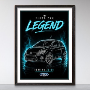 Ford Ka Zetec Poster | First Car Legend Wall Art | Icy Cyan Car Blueprint Print | Ford Hatchback Decor
