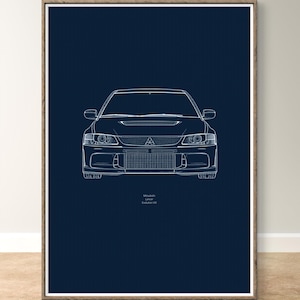 Mitsubishi Lancer Evolution VIII Blueprint Poster – JDM Rally Car Wall Art, Front View Print