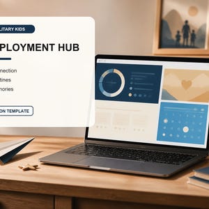Pode incluir: Um computador portátil exibindo um painel digital intitulado Military Kids Deployment Hub com seções para Connection, Routines e Memories. A tela mostra um gráfico, um coração e um calendário. Um avião de papel está sobre a mesa de madeira.